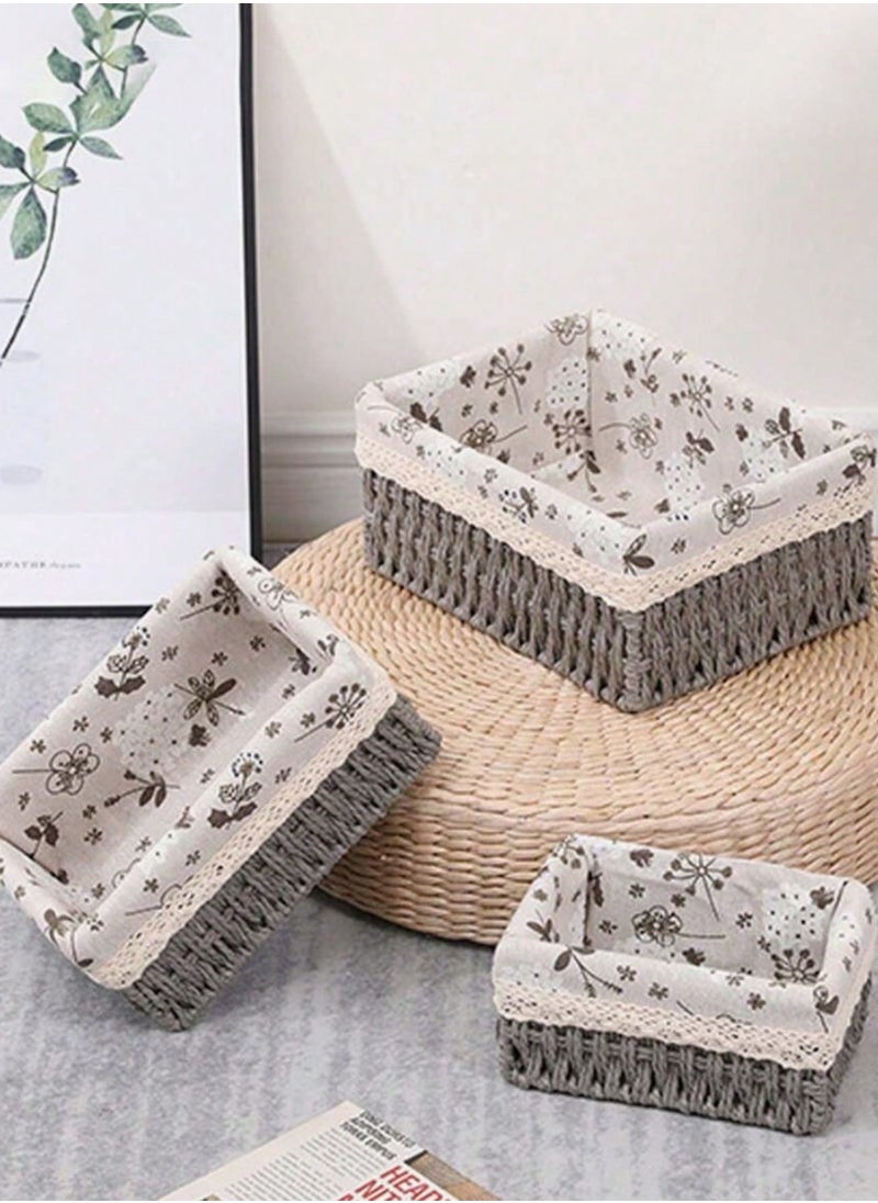 Cozy Nest - Set of 3 Eco-Friendly Handwoven Storage Baskets – Durable Rectangular Woven Bins with Sturdy Plastic Frame, Removable Fabric Lining, Decorative Macrame Design for Sundries, Toys, Books, Toiletries, and Elegant Home Organization - Grey - Image 1