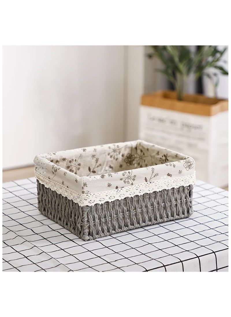 Cozy Nest - Set of 3 Eco-Friendly Handwoven Storage Baskets – Durable Rectangular Woven Bins with Sturdy Plastic Frame, Removable Fabric Lining, Decorative Macrame Design for Sundries, Toys, Books, Toiletries, and Elegant Home Organization - Grey - Image 1