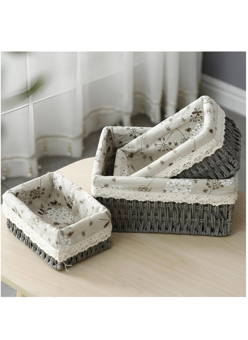 Cozy Nest - Set of 3 Eco-Friendly Handwoven Storage Baskets – Durable Rectangular Woven Bins with Sturdy Plastic Frame, Removable Fabric Lining, Decorative Macrame Design for Sundries, Toys, Books, Toiletries, and Elegant Home Organization - Grey - Image 1