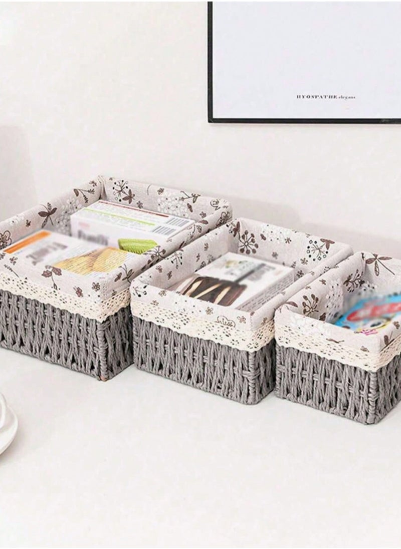 Cozy Nest - Set of 3 Eco-Friendly Handwoven Storage Baskets – Durable Rectangular Woven Bins with Sturdy Plastic Frame, Removable Fabric Lining, Decorative Macrame Design for Sundries, Toys, Books, Toiletries, and Elegant Home Organization - Grey - Image 1