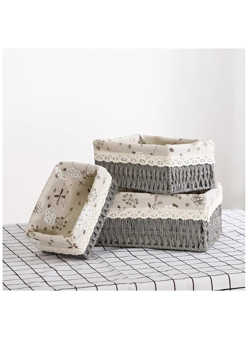 Cozy Nest - Set of 3 Eco-Friendly Handwoven Storage Baskets – Durable Rectangular Woven Bins with Sturdy Plastic Frame, Removable Fabric Lining, Decorative Macrame Design for Sundries, Toys, Books, Toiletries, and Elegant Home Organization - Grey - Image 1
