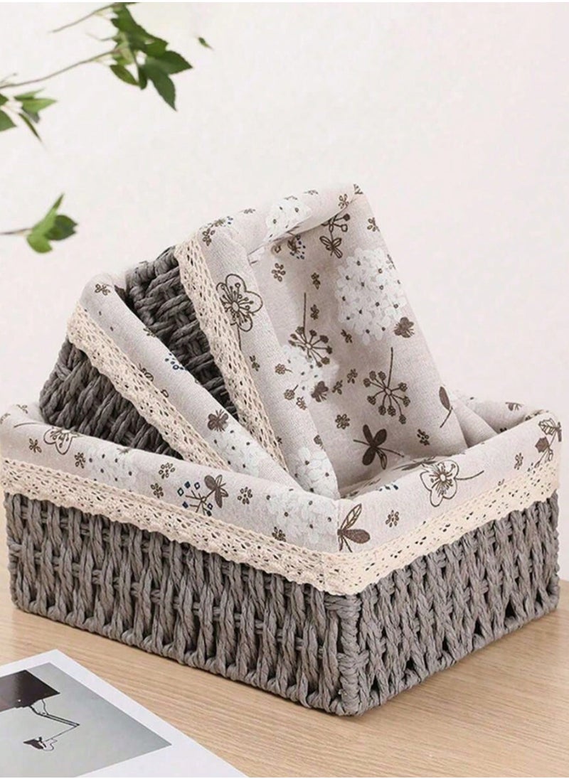 Cozy Nest - Set of 3 Eco-Friendly Handwoven Storage Baskets – Durable Rectangular Woven Bins with Sturdy Plastic Frame, Removable Fabric Lining, Decorative Macrame Design for Sundries, Toys, Books, Toiletries, and Elegant Home Organization - Grey - Image 1