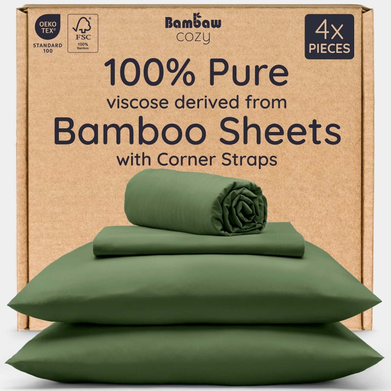 Bambaw 100% Viscose Derived From Bamboo Sheets Queen Size Set - 4Pcs Cooling Sheet Set  Super Soft Sheets Queen Size  Luxury Bedding  Deep Pocket Fits Up To 16'' Mattresses (Olive) - Image 1