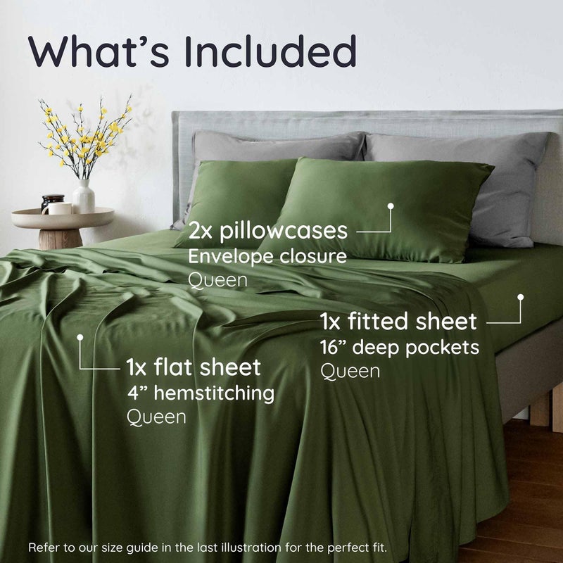 Bambaw 100% Viscose Derived From Bamboo Sheets Queen Size Set - 4Pcs Cooling Sheet Set  Super Soft Sheets Queen Size  Luxury Bedding  Deep Pocket Fits Up To 16'' Mattresses (Olive) - Image 2