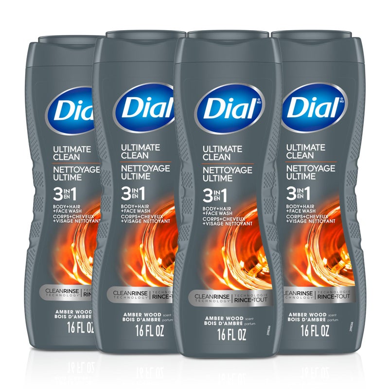 Dial Men 3 in 1 Body, Hair and Face Wash, Ultimate Clean, 16 Fl Oz, Pack of 4, Amber Woods Scent, Cleanses Deep + Gentle on Skin with Clean Rinse Technology - Image 1