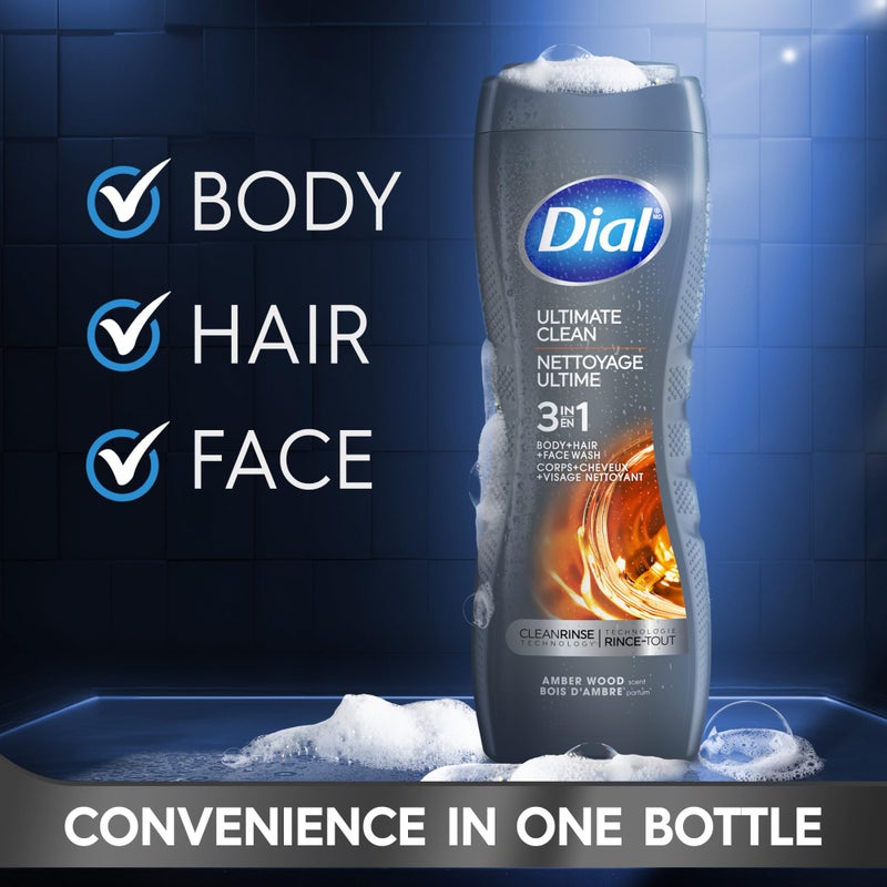 Dial Men 3 in 1 Body, Hair and Face Wash, Ultimate Clean, 16 Fl Oz, Pack of 4, Amber Woods Scent, Cleanses Deep + Gentle on Skin with Clean Rinse Technology - Image 2