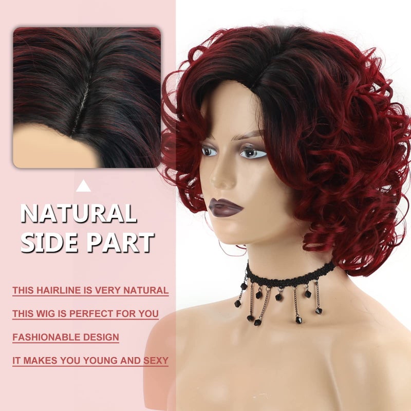 SEVENCOLORS Burgundy Curly Wigs for Black Women Short Ombre Wine Red Wavy Wig Synthetic Hair Natural Looking Curly Bob Wigs - Image 5