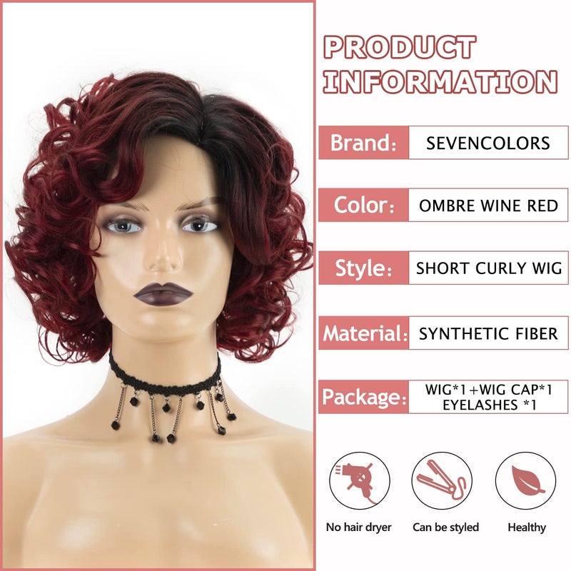 SEVENCOLORS Burgundy Curly Wigs for Black Women Short Ombre Wine Red Wavy Wig Synthetic Hair Natural Looking Curly Bob Wigs - Image 3