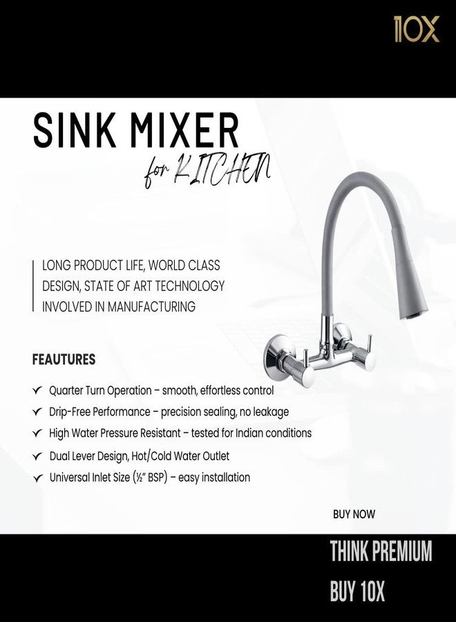 10X Sink Mixer Tap for Kitchen 2 in 1 BYL-9876 Flexible Tap with Silicone Flexible Spout | Hot & Cold Water Control | Chrome Plated | Heavy Brass Cartridge | Dual Lever Design - Image 2