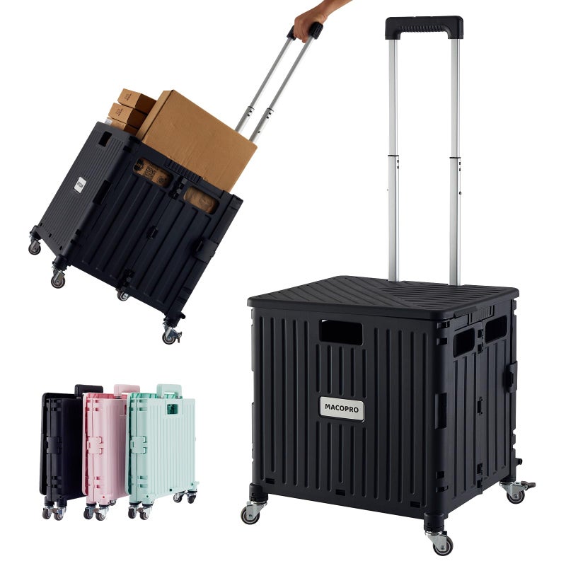 MACOPRO Folding Utility Cart Portable Rolling Crate Handcart Shopping Trolley Collapsible Tool Box, with Lid, Basket on 4 Rotate Wheels, for Grocery, Office, Luggage, Teacher (Black) - Image 1