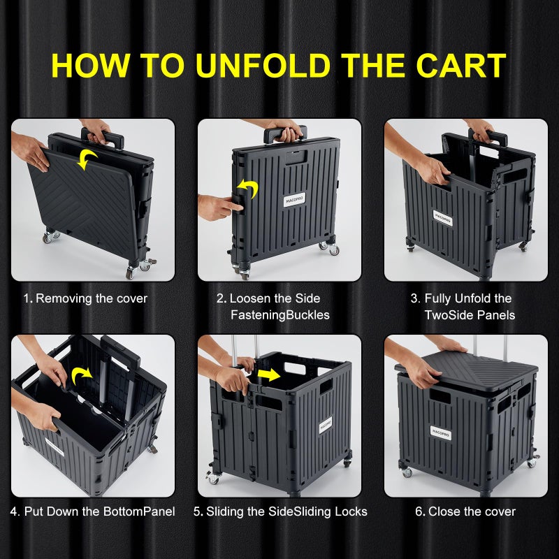 MACOPRO Folding Utility Cart Portable Rolling Crate Handcart Shopping Trolley Collapsible Tool Box, with Lid, Basket on 4 Rotate Wheels, for Grocery, Office, Luggage, Teacher (Black) - Image 5