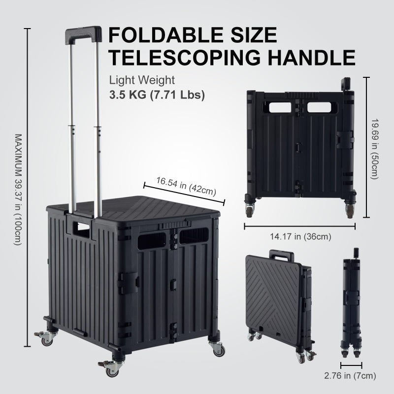 MACOPRO Folding Utility Cart Portable Rolling Crate Handcart Shopping Trolley Collapsible Tool Box, with Lid, Basket on 4 Rotate Wheels, for Grocery, Office, Luggage, Teacher (Black) - Image 4