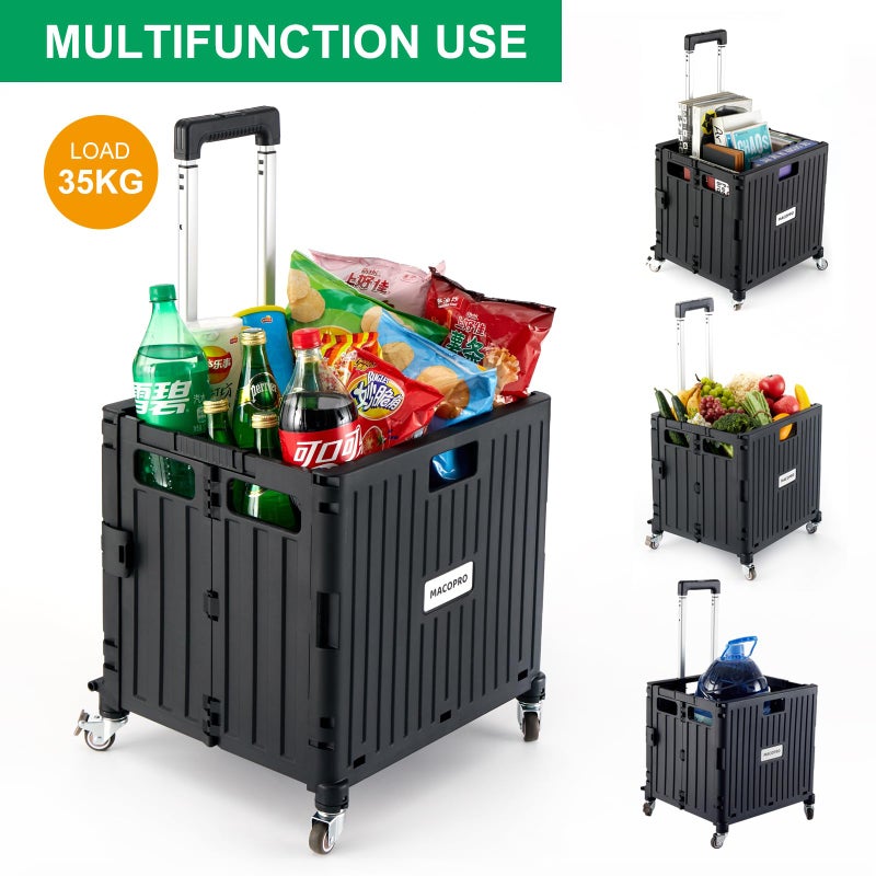 MACOPRO Folding Utility Cart Portable Rolling Crate Handcart Shopping Trolley Collapsible Tool Box, with Lid, Basket on 4 Rotate Wheels, for Grocery, Office, Luggage, Teacher (Black) - Image 2