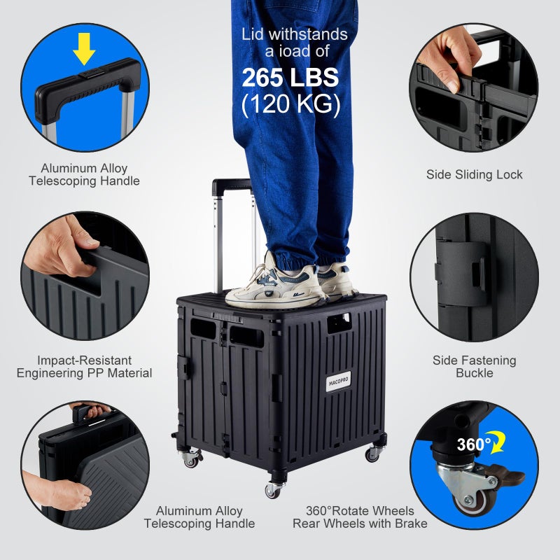 MACOPRO Folding Utility Cart Portable Rolling Crate Handcart Shopping Trolley Collapsible Tool Box, with Lid, Basket on 4 Rotate Wheels, for Grocery, Office, Luggage, Teacher (Black) - Image 3