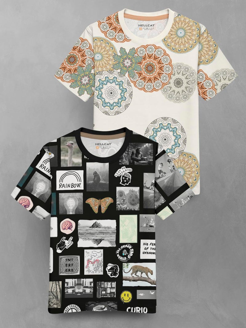 HELLCAT Boys Cotton Blend Regular Fit Trendy Front & Back Graphic Printed Half Sleeve Premium Round Neck Tshirt for - Pack of 2 Beige3/Black1 3-4 Years - Image 2