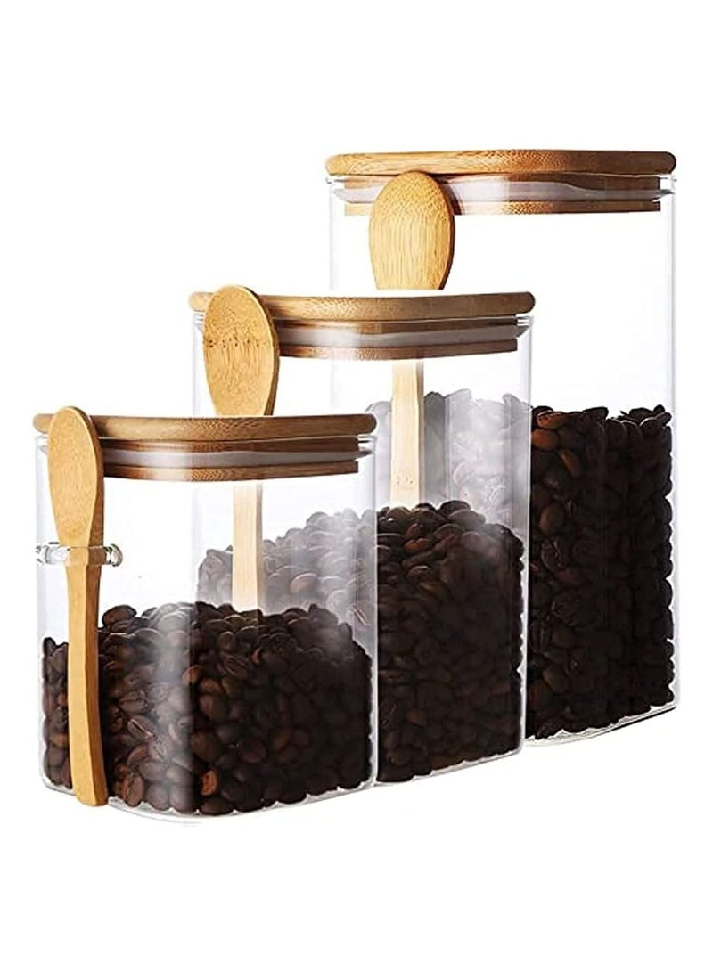 GGEROU Glass Storage Jar with Bamboo Lids and bamboo Spoon,Set of 3 Airtight Food Jars Kitchen Food Storage Containers with Scoop For Serving Tea, Coffee, Flour, Sugar, Candy, Cookie, Spice - Image 1