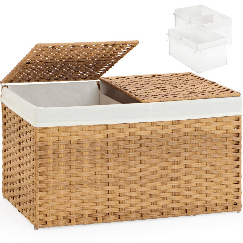 SETVSON Storage Basket with Lid Rattan Woven Storage Baskets with 2 Separate Lids, 17.2 Gallon (65 L), 22 x 13 x 13.8 Inches,Foldable, 2 Removable Liner Bags Handles for Bedroom, Laundry Room Natural - Image 1