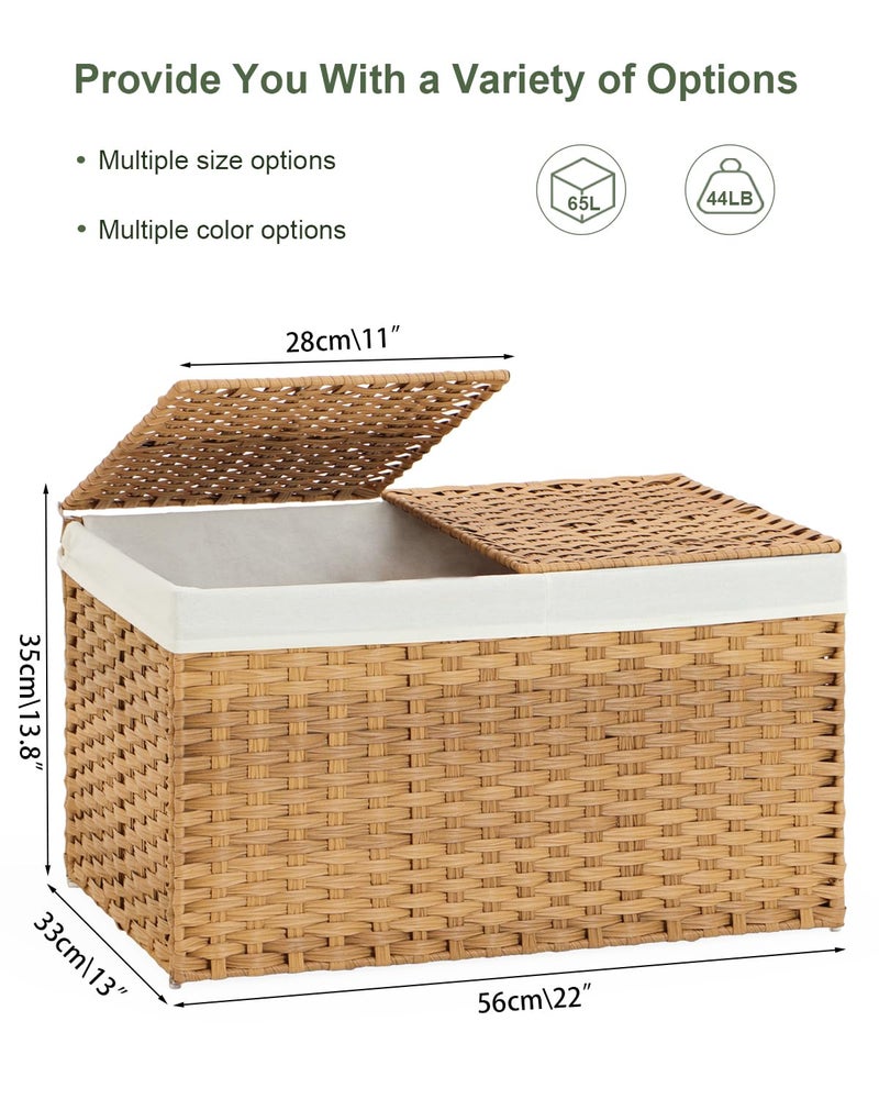 SETVSON Storage Basket with Lid Rattan Woven Storage Baskets with 2 Separate Lids, 17.2 Gallon (65 L), 22 x 13 x 13.8 Inches,Foldable, 2 Removable Liner Bags Handles for Bedroom, Laundry Room Natural - Image 4