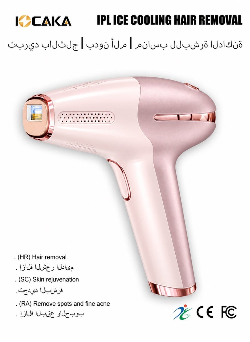 اوكاكا غولد بينك، جهاز إزالة الشعر بالليزر المنزلي 3 في 1 بتقنية الضوء النبضي المكثف (IPL) ووظيفة التبريد لإزالة الشعر بدون ألم / تجديد البشرة / إزالة البقع وحب الشباب الخفيف. باستخدام مصدر ضوء التجديد الضوئي، يعمل الضوء تحت الأحمر على تنشيط الكولاجين، وتقليل التجاعيد واستعادة مرونة الجلد. - Image 1