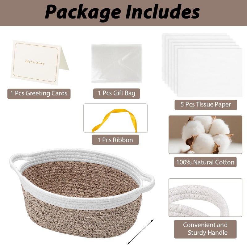 woric Woven Storage Basket Dog Toy Baskets for Gifts Empty Easter Basket with Handle Cotton Rope Decorative Baskets (Brown 12"X 8" X 5" with Gift Bag Card Ribbon Tissue Paper) - Image 4