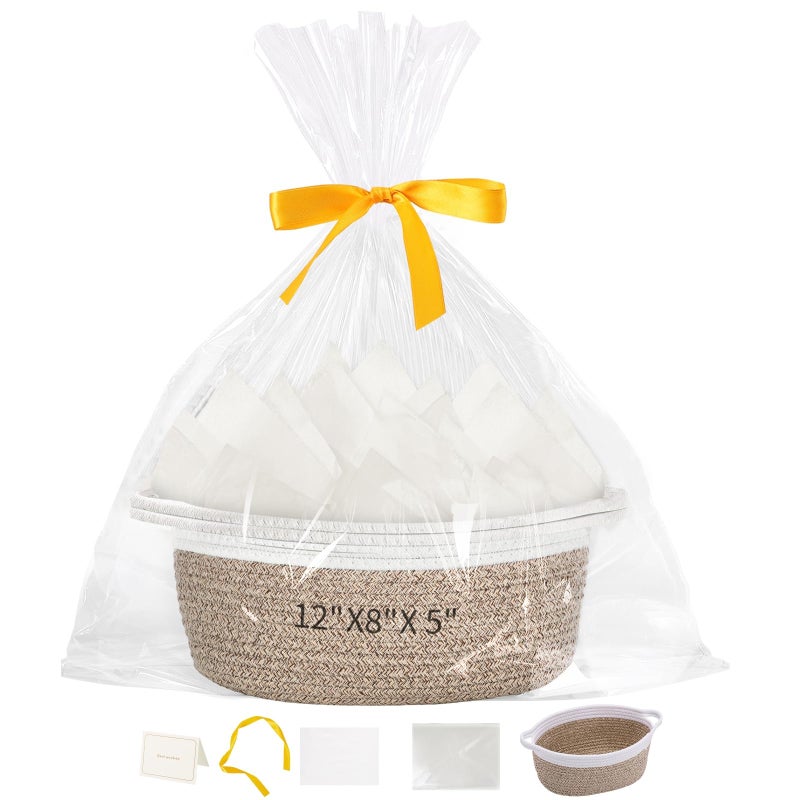 woric Woven Storage Basket Dog Toy Baskets for Gifts Empty Easter Basket with Handle Cotton Rope Decorative Baskets (Brown 12"X 8" X 5" with Gift Bag Card Ribbon Tissue Paper) - Image 2