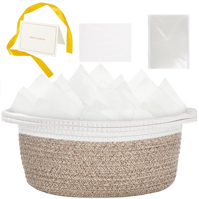 woric Woven Storage Basket Dog Toy Baskets for Gifts Empty Easter Basket with Handle Cotton Rope Decorative Baskets (Brown 12"X 8" X 5" with Gift Bag Card Ribbon Tissue Paper) - Image 1