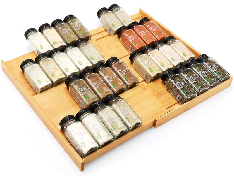 Thalomely Bamboo Spice Drawer Organizer, (Need 3.1â€ Deep Drawer) Expandable 4 Tier Spice Rack for Cabinet (From 12" to 23" Wide), Seasoning Storage Insert, Spice Organizer for Drawer,Jars Not Included - Image 1