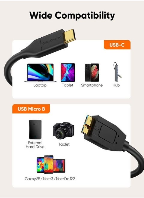 USB C Hard Drive Cable 1FT, 10Gbps Data Transfer Speed, USB C to Micro B Male Cable, Compatible with Seagate, WD, Toshiba, Samsung External Hard Drive and More - Black