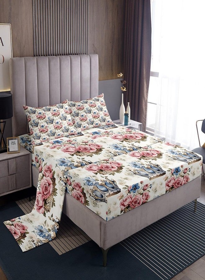 Man Fei Manfei Princess Crown Bed Sheet Queen Size,Rustic Garden Roses Flowers Vintage Pink Blue Floral Sheets,Dreamy Fairy Tale Crown Deep Pocket Bedding Sets (1 Fitted,1 Flat,2 Pillowcases) - Image 1