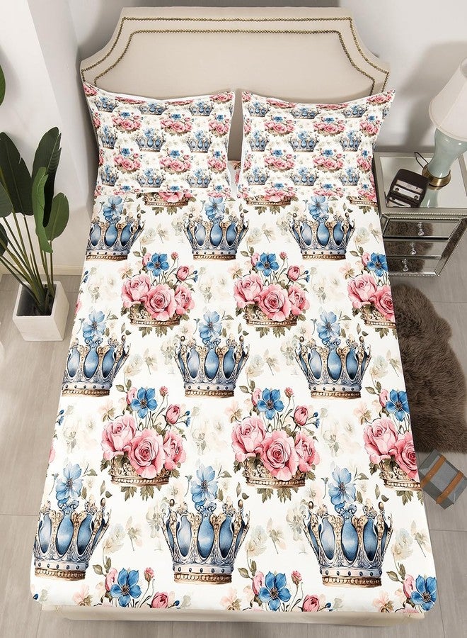 Man Fei Manfei Princess Crown Bed Sheet Queen Size,Rustic Garden Roses Flowers Vintage Pink Blue Floral Sheets,Dreamy Fairy Tale Crown Deep Pocket Bedding Sets (1 Fitted,1 Flat,2 Pillowcases) - Image 2
