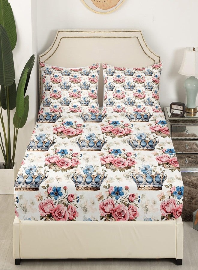 Man Fei Manfei Princess Crown Bed Sheet Queen Size,Rustic Garden Roses Flowers Vintage Pink Blue Floral Sheets,Dreamy Fairy Tale Crown Deep Pocket Bedding Sets (1 Fitted,1 Flat,2 Pillowcases) - Image 3
