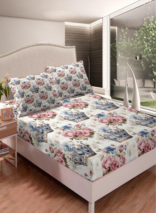 Man Fei Manfei Princess Crown Bed Sheet Queen Size,Rustic Garden Roses Flowers Vintage Pink Blue Floral Sheets,Dreamy Fairy Tale Crown Deep Pocket Bedding Sets (1 Fitted,1 Flat,2 Pillowcases) - Image 4