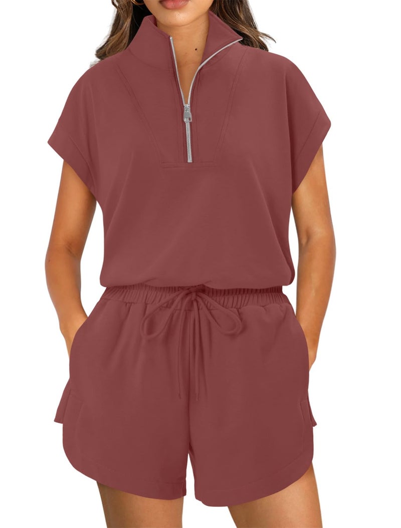 KISSMODA Two Piece Sets for Women Sweatsuit Half Zip Casual Tracksuits Short Sleeve Pullover Tops and Shorts 2026 Lounge Outfits Sea Rust Red Large