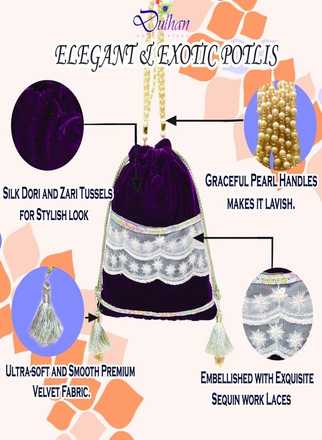 Dulhan Velvet Potli Bag with Pearl Handle | Sequin Tissue Lace Zari Tassels and Resham Dori | Wine Soft Padded Wedding Shagun Pouch for Return Gifts, Wedding, Winter and Festive Use (Pack of 1) - Image 4
