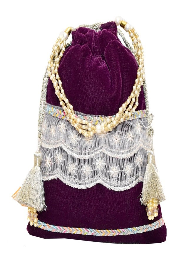Dulhan Velvet Potli Bag with Pearl Handle | Sequin Tissue Lace Zari Tassels and Resham Dori | Wine Soft Padded Wedding Shagun Pouch for Return Gifts, Wedding, Winter and Festive Use (Pack of 1) - Image 1