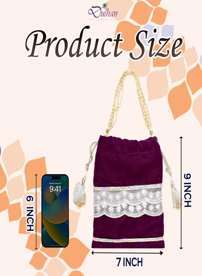 Dulhan Velvet Potli Bag with Pearl Handle | Sequin Tissue Lace Zari Tassels and Resham Dori | Wine Soft Padded Wedding Shagun Pouch for Return Gifts, Wedding, Winter and Festive Use (Pack of 1) - Image 3