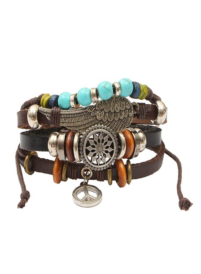 ZIVOM® Brown Black Leather Feather Peace Beads Handcrafted Charm Wrist Band Multi Strand Stackable Bracelet for Men - Image 1