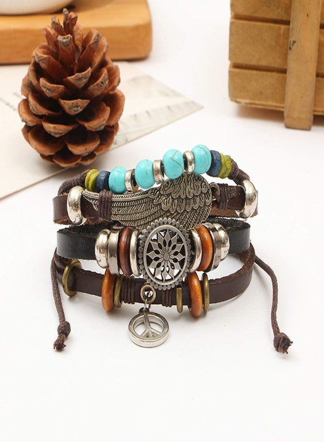 ZIVOM® Brown Black Leather Feather Peace Beads Handcrafted Charm Wrist Band Multi Strand Stackable Bracelet for Men - Image 5