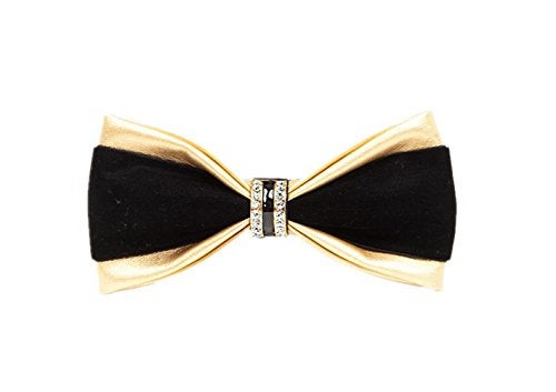 Hello Tie Men's Pre-Tied Double Color PU Leather Luxury Bow Ties with Crystal Decoration-Golden - Image 1