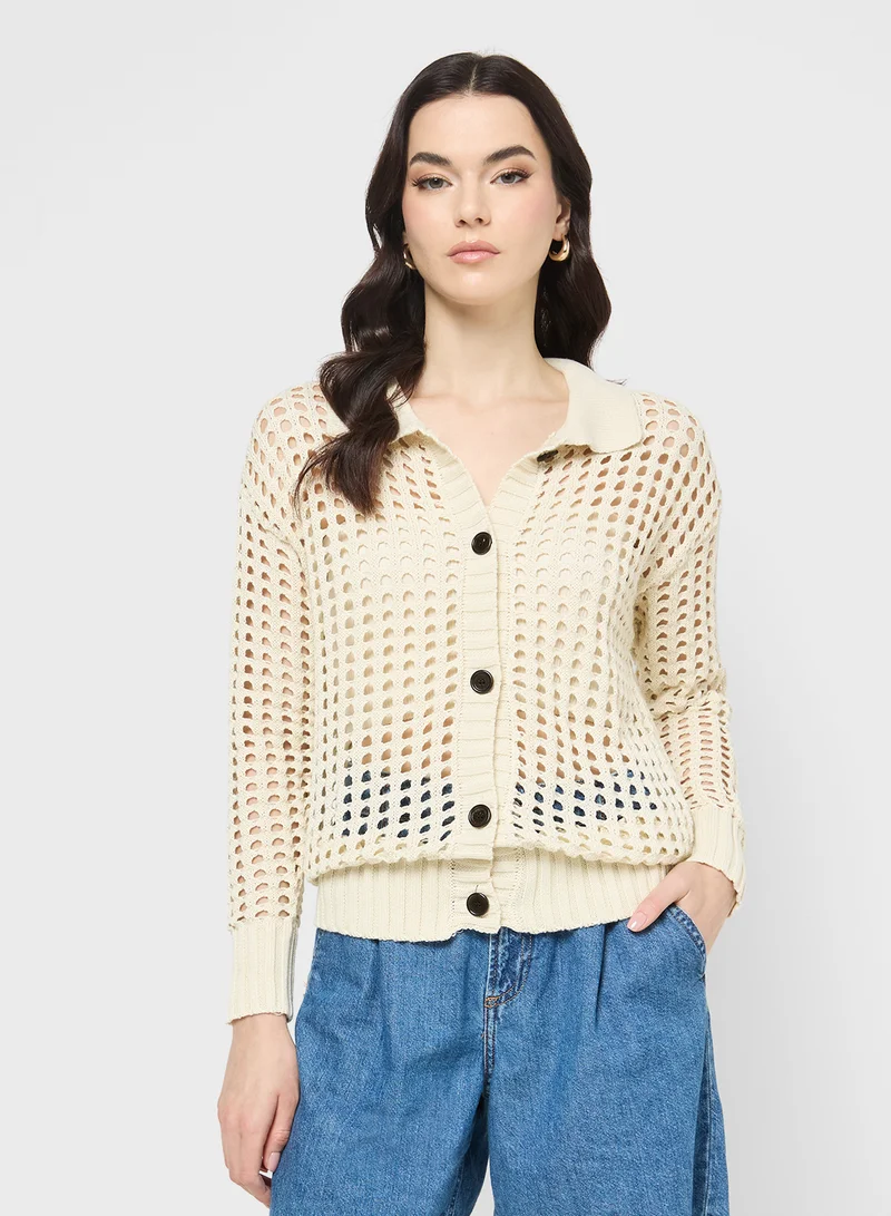 جينجر Knitted Openwork Button Down Cardigan