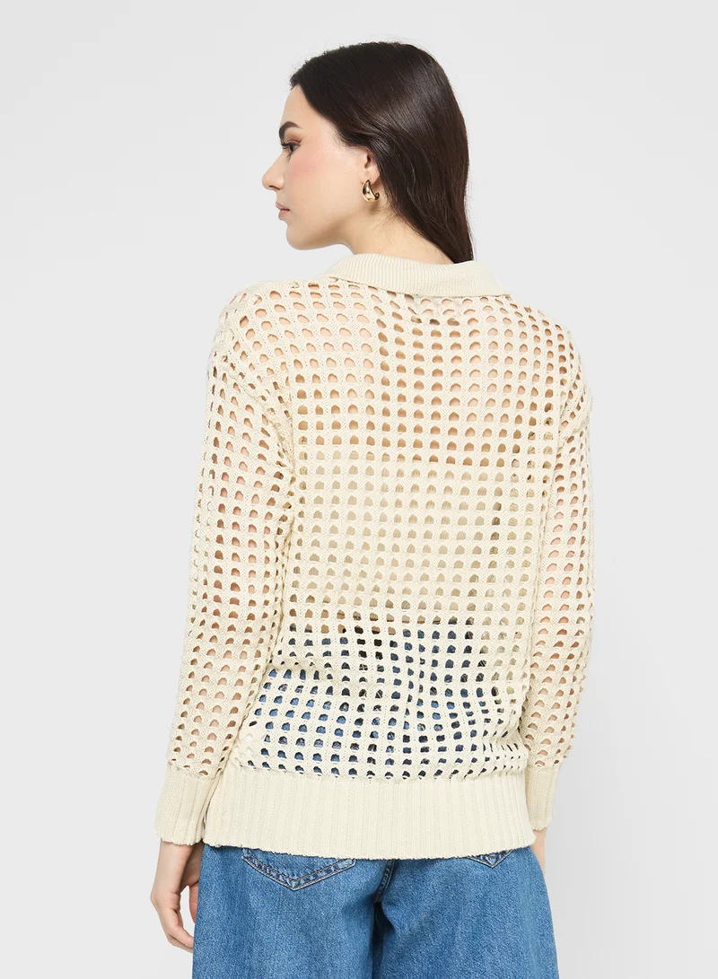 جينجر Knitted Openwork Button Down Cardigan