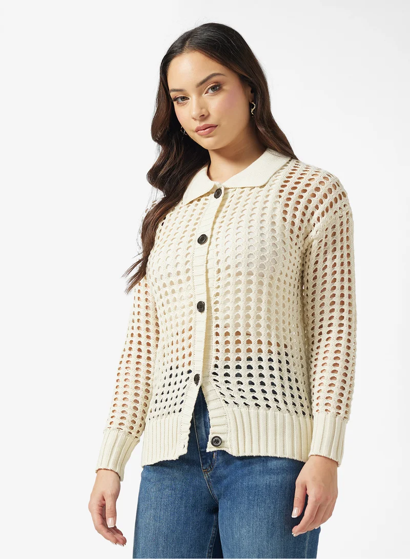 Ginger Knitted Openwork Button Down Cardigan