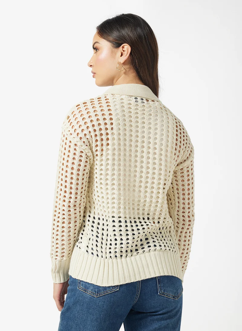 Ginger Knitted Openwork Button Down Cardigan