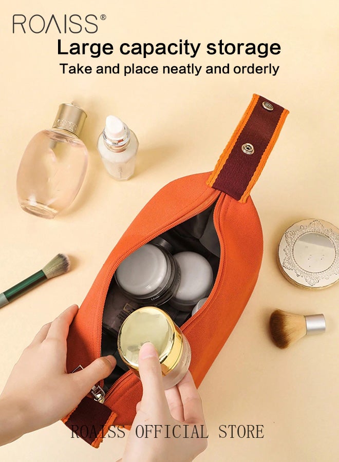 roaiss Minimalist Portable Waterproof Toiletry Bag for Women Stylish Canvas Cosmetic Travel Bag Pouch for Girls Large Capacity Storage Bag for Cosmetic Skincare Products or Trip Accessories in Orange - Image 2
