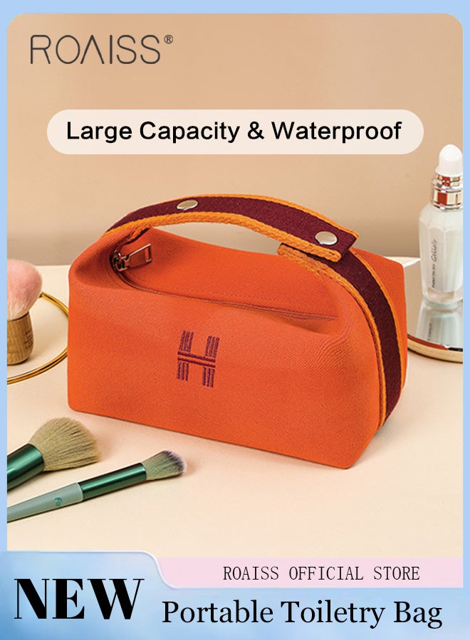 roaiss Minimalist Portable Waterproof Toiletry Bag for Women Stylish Canvas Cosmetic Travel Bag Pouch for Girls Large Capacity Storage Bag for Cosmetic Skincare Products or Trip Accessories in Orange - Image 1