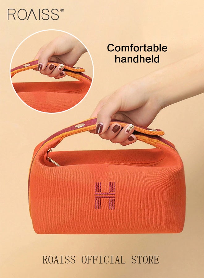 roaiss Minimalist Portable Waterproof Toiletry Bag for Women Stylish Canvas Cosmetic Travel Bag Pouch for Girls Large Capacity Storage Bag for Cosmetic Skincare Products or Trip Accessories in Orange - Image 3