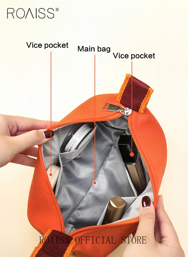 roaiss Minimalist Portable Waterproof Toiletry Bag for Women Stylish Canvas Cosmetic Travel Bag Pouch for Girls Large Capacity Storage Bag for Cosmetic Skincare Products or Trip Accessories in Orange - Image 4