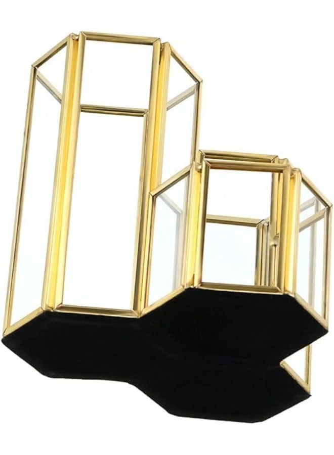 Glass Makeup Brush Holder with 3 Slots, Gold Hexagon Design, Desktop Organiser for Cosmetics and Office Supplies - Image 2