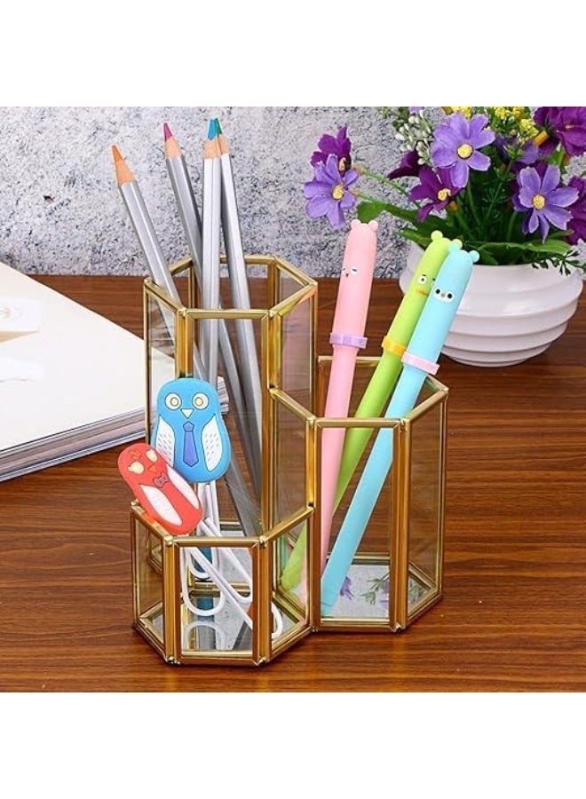 Glass Makeup Brush Holder with 3 Slots, Gold Hexagon Design, Desktop Organiser for Cosmetics and Office Supplies - Image 3