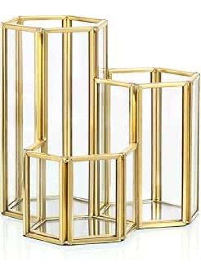 Glass Makeup Brush Holder with 3 Slots, Gold Hexagon Design, Desktop Organiser for Cosmetics and Office Supplies - Image 1